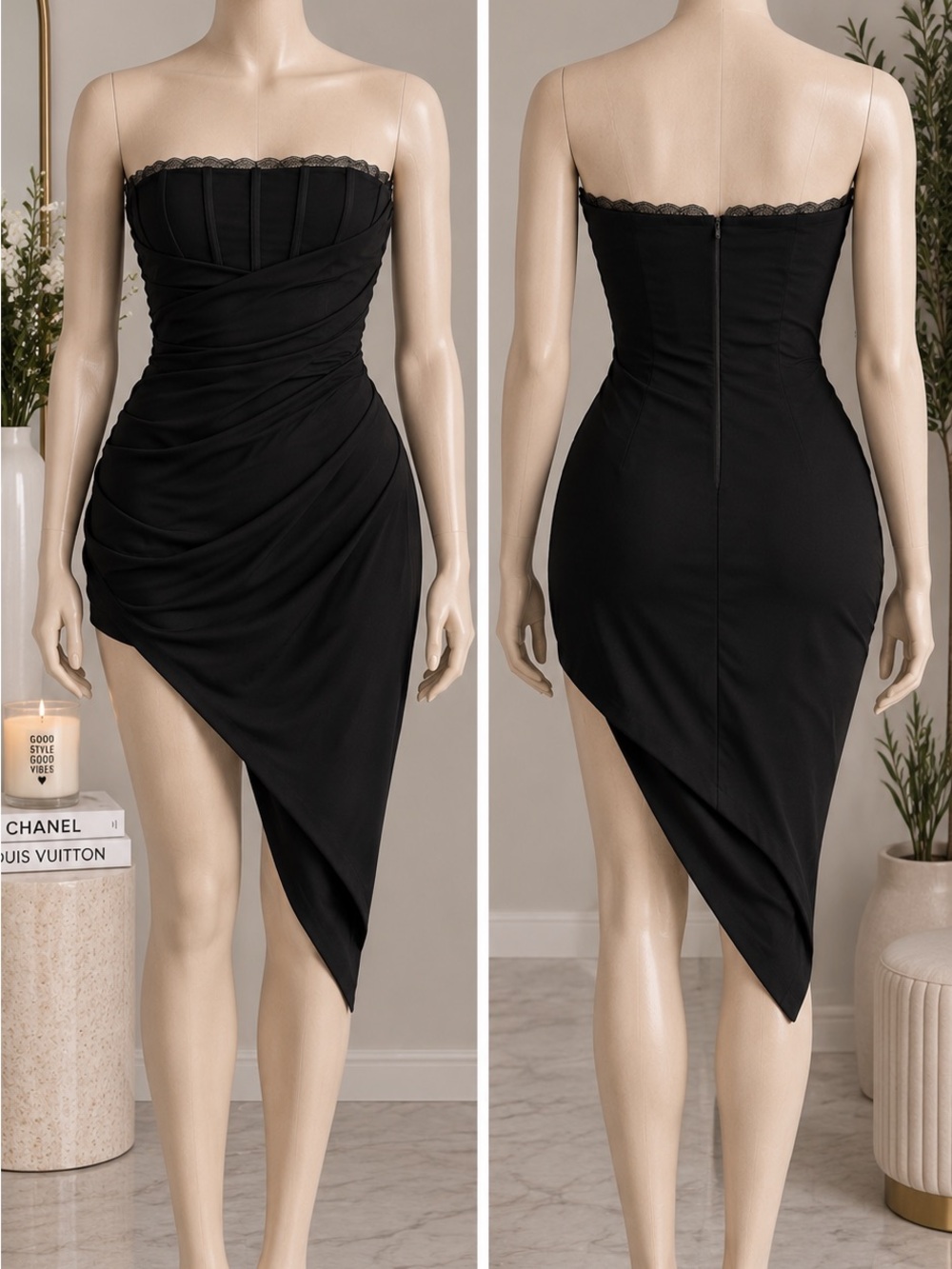 Black Strapless Asymmetric Ruched Midi Dress